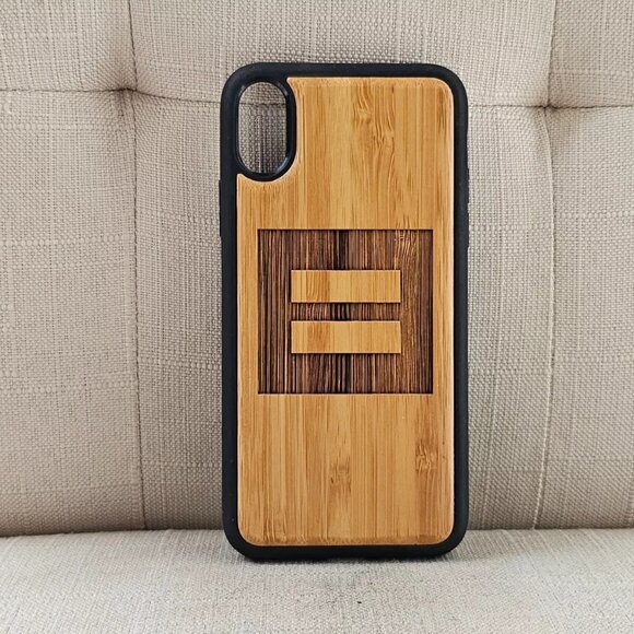 Real Wood Phone Case Tan Bamboo Back Case for iPhone X EQUALITY SIGN Graved - Picture 2 of 10